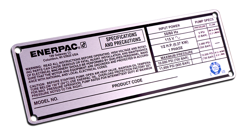 metal data plate for critical information
